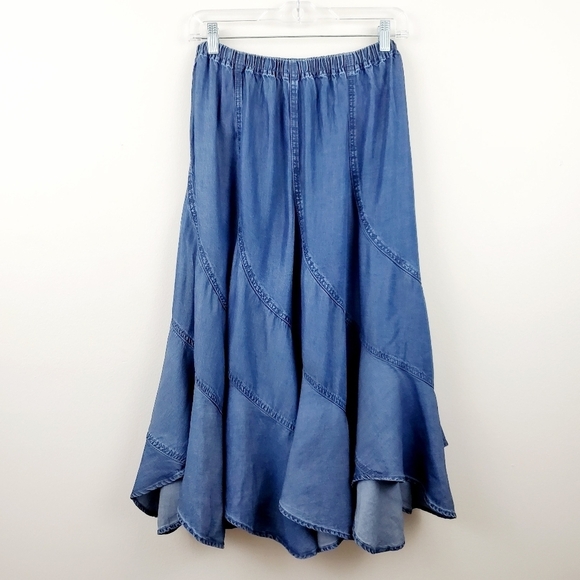 Soft Surroundings | Chambray Ruffled Midi Skirt - Picture 1 of 6
